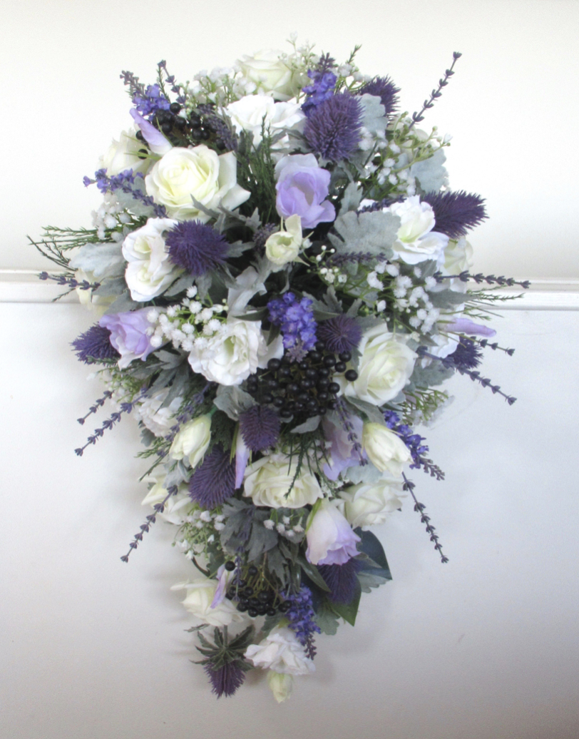 Thistle, lavender and purple lisianthius bridal bouquet, thistle wedding flowers